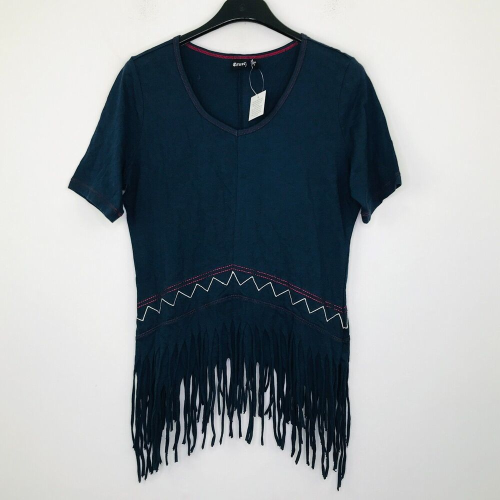 Cruel Women's Small T-Shirt Blue Embroidered Raw Hem Fringe V-Neck Tee NWT BK29